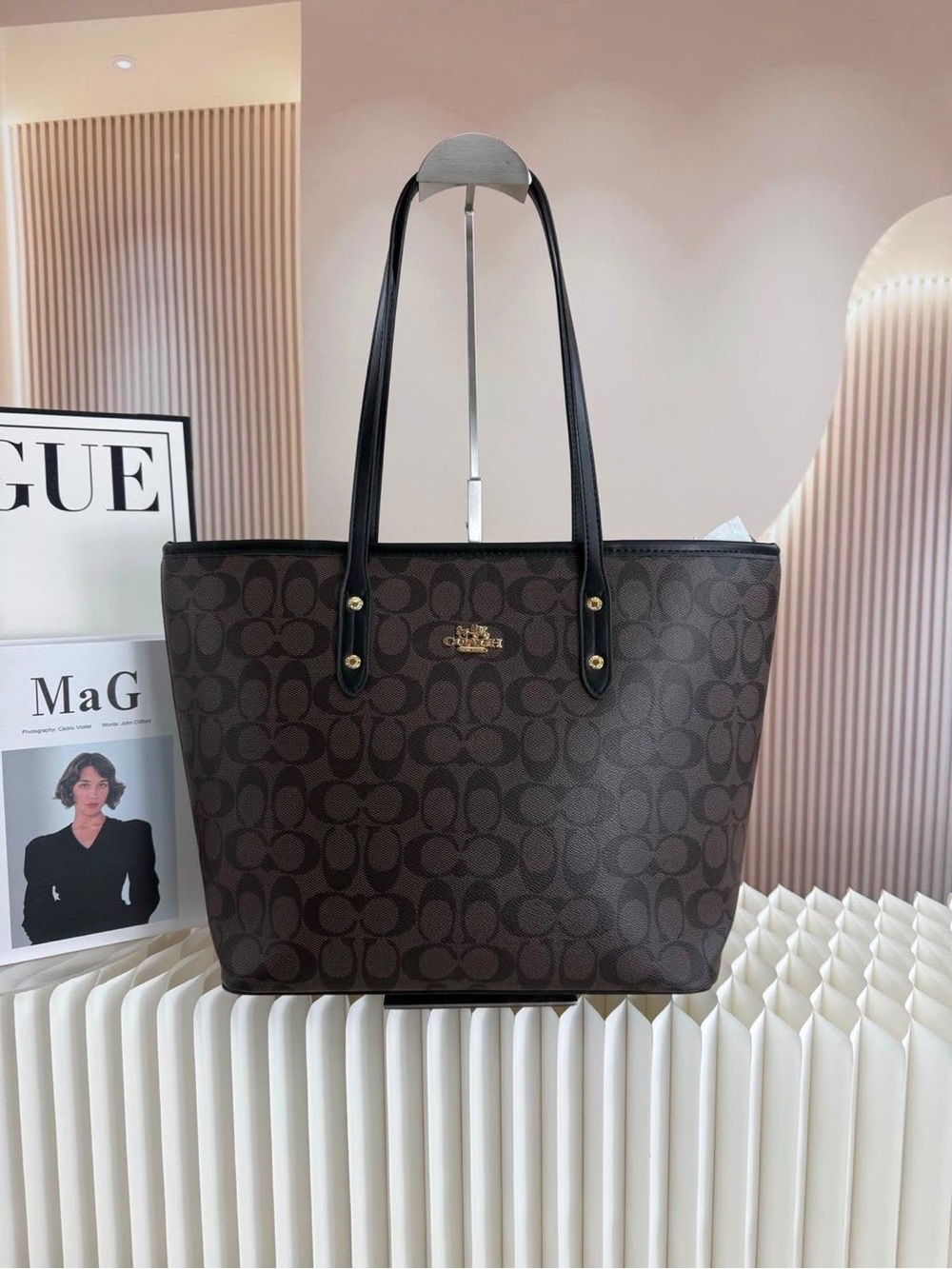 Coach Dark Brown Signature Tote with Black Leather Handles